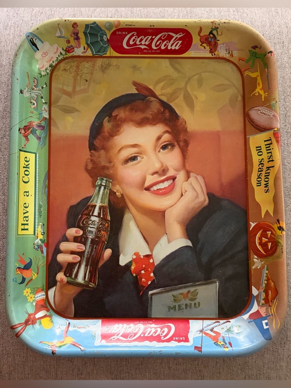 Vintage Original 1953 Coca Cola Menu Girl Metal Serving Tray 13" All Seasons 50s